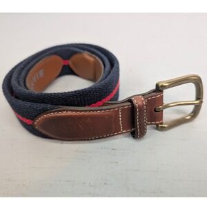 ORVIS Men's Striped Canvas Leather Belt Brass Buckle Size 38 Made in USA Preppy